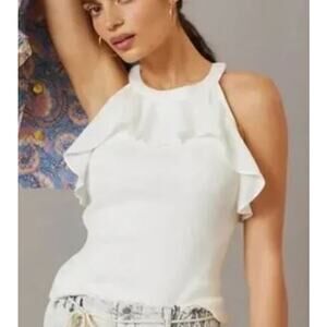 Maeve by Anthropologie Size XS Ruffle Halter Top White Cotton Blend Stretch